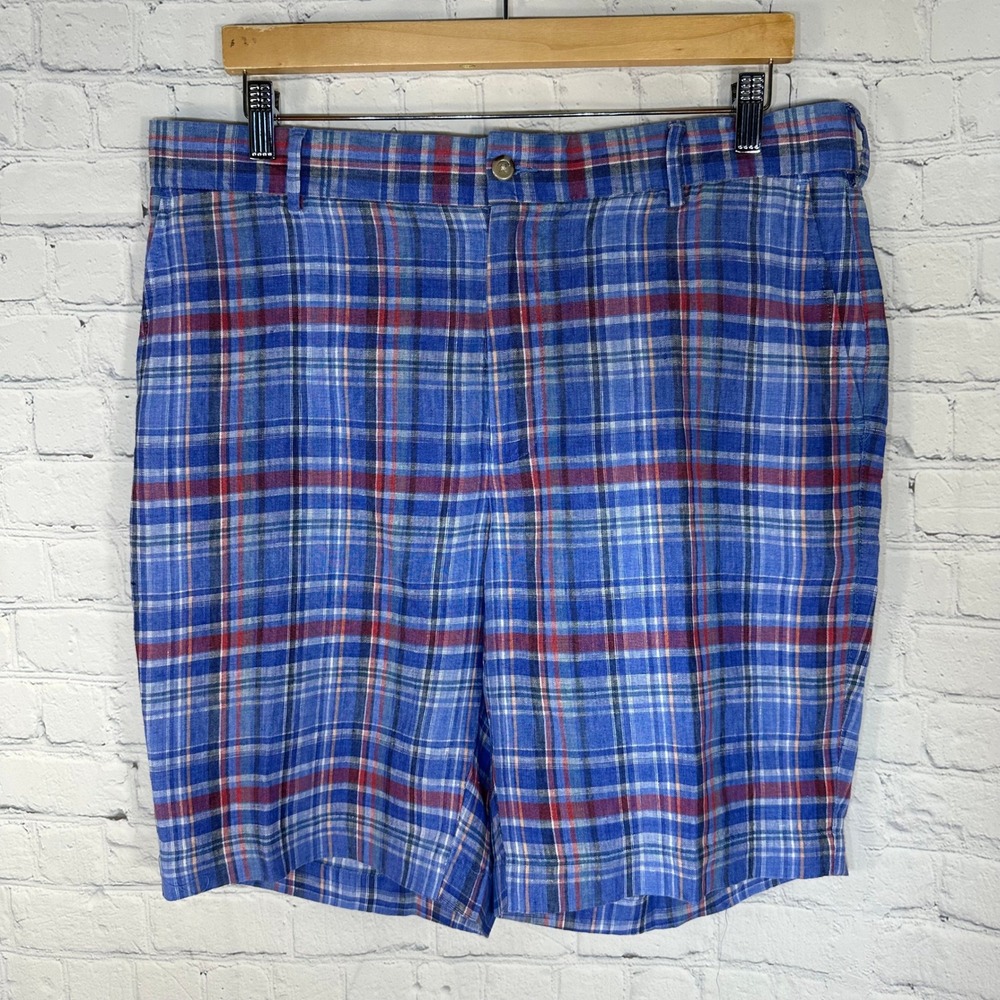 Peter Millar Mens Blue Red Plaid 100% Linen Shorts Size 35 MS20B04